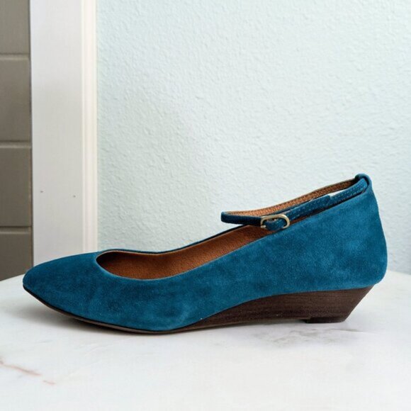 NEW Madewell Teal/Turquoise Suede Ankle Strap Mini Wedge 7.5 - Picture 4 of 10